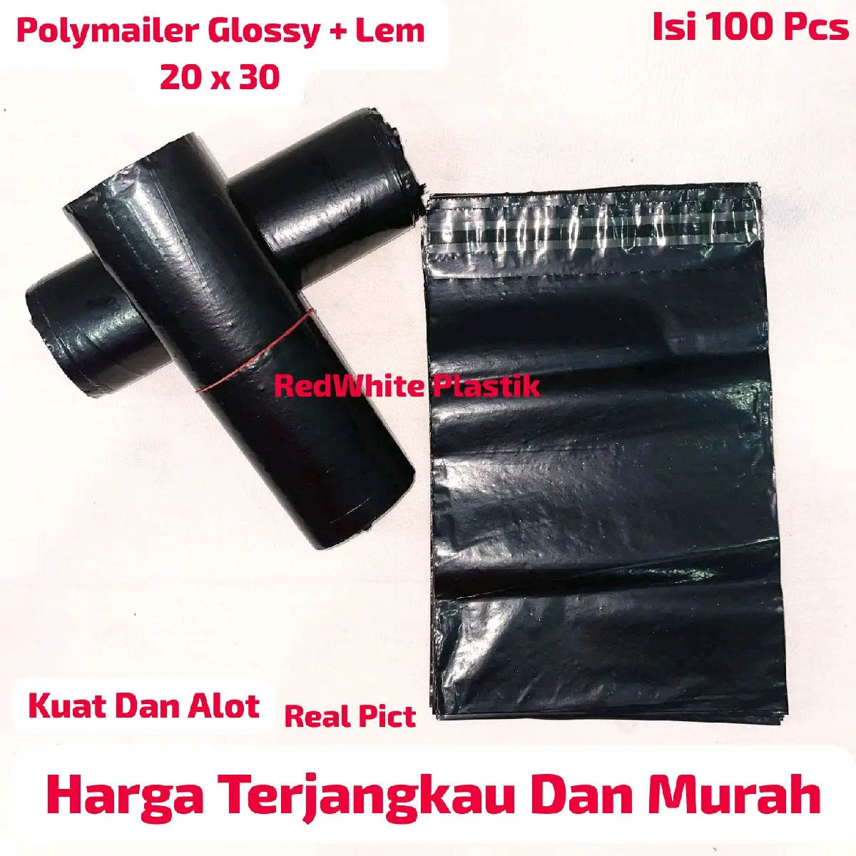 Polymailer Glossy+Lem 20x30 Hitam Isi 100 Pcs Kantong Plastik Packing Online Termurah Perekat