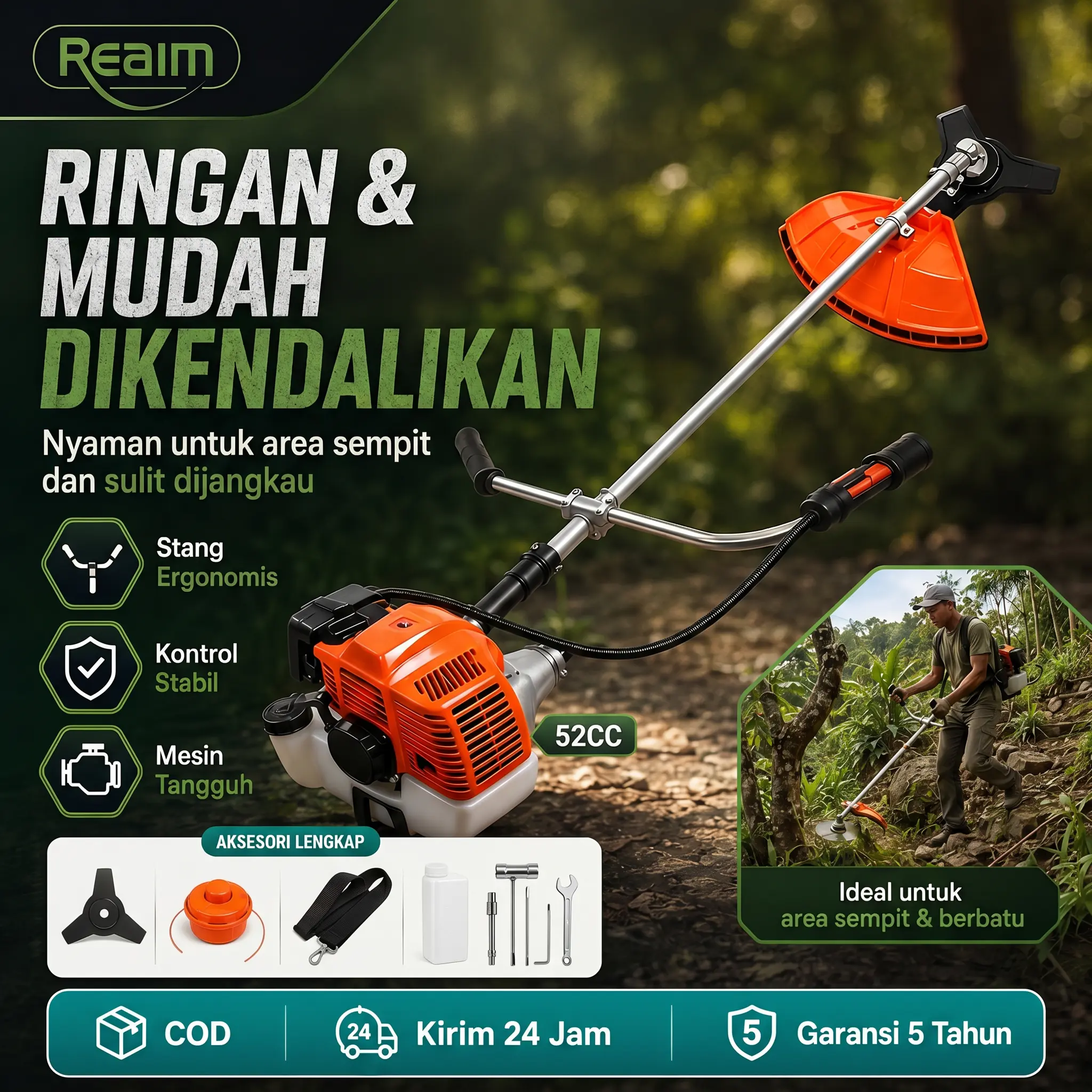 REAIM Mesin Rumput Bensin 2TAK 4TAK 52CC Daya Kuat Mudah Dirawat Alat Pemotong Ranting Semak dan Rumput untuk Petani