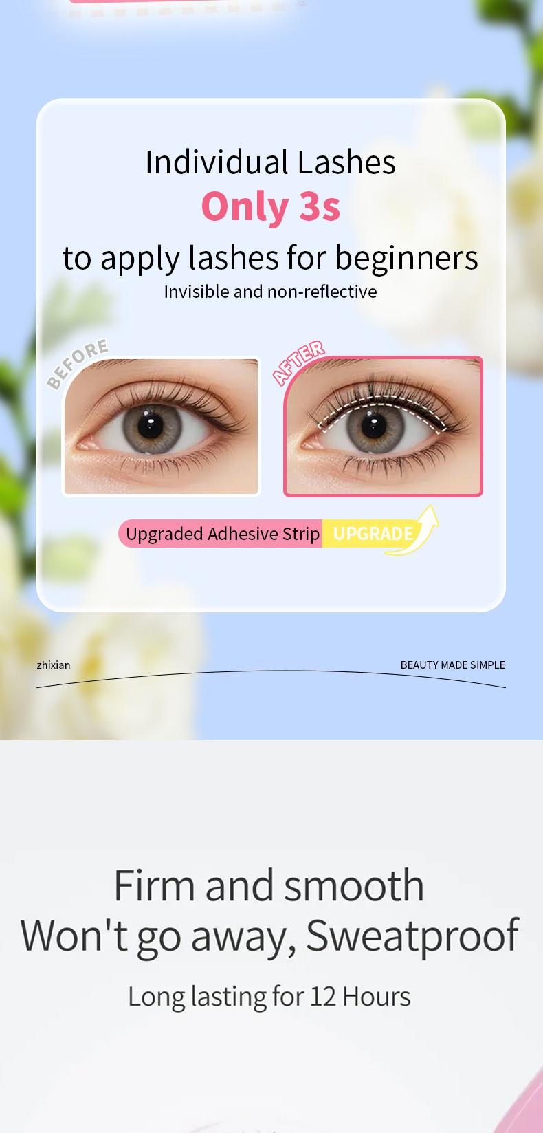 ZhiXian Bulumata palsu pemula bebas lem tidak perlu menggunakan lem bulu mata palsu dapat digunakan kembali Eyelash extension set C Curl False Eyelash Length 10-12 mm