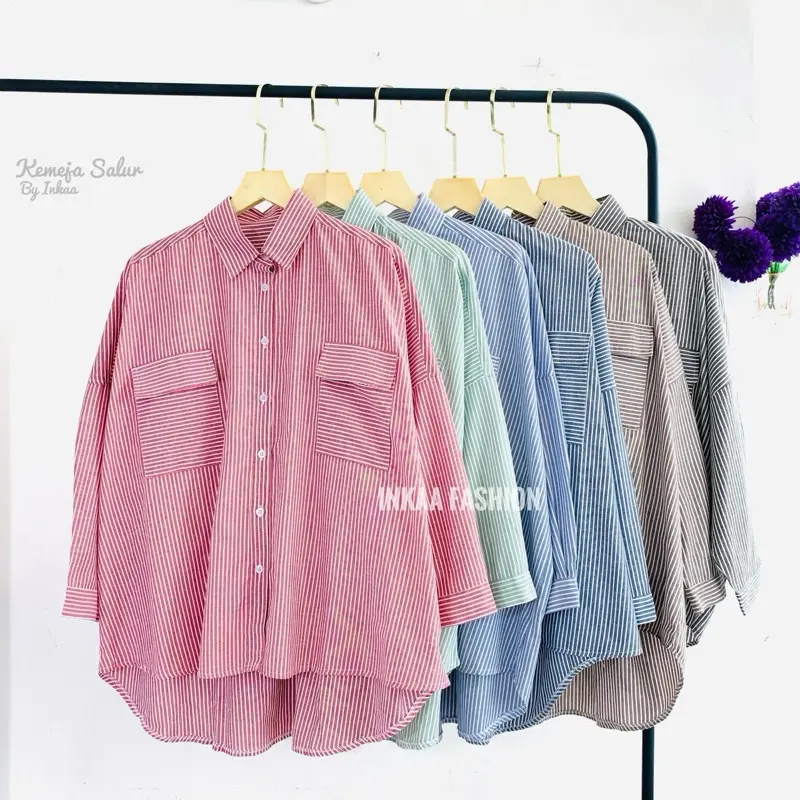 Kemeja Salur Wanita Oversize Bahan Katun Pakai Kancing Model Basic Atasan Stripe Kerja Panjang Baju Garis