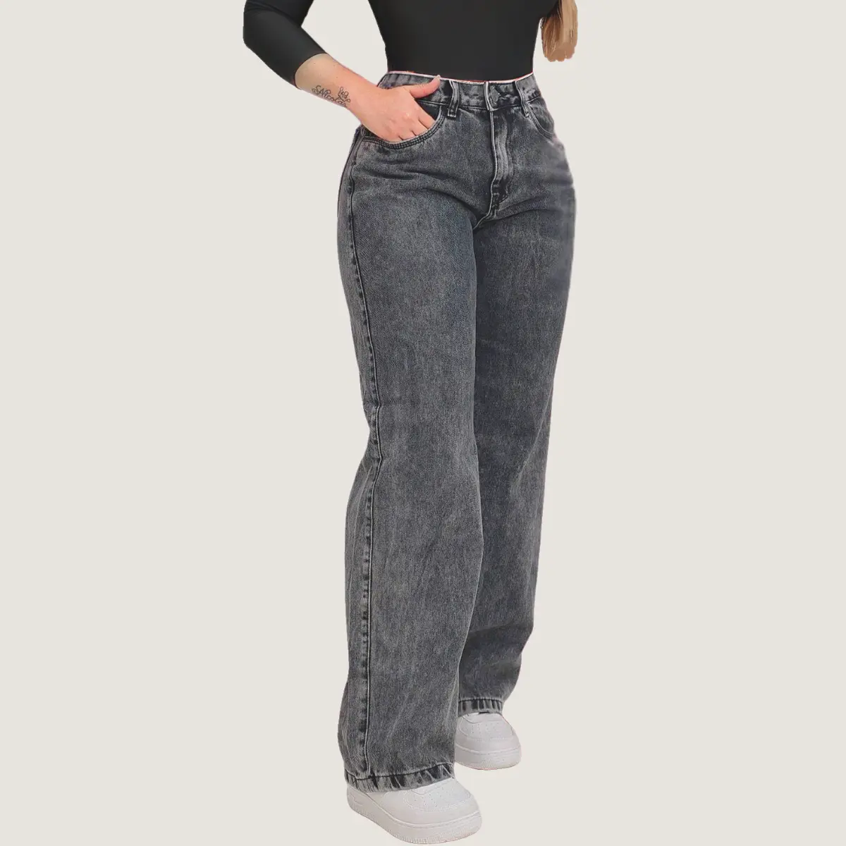 Kit 3 Calça Jeans Wide Leg Feminina Cintura Alta 100% Algodão Premium Bolsos e Modelagem Reta e Solta para Looks Casual e Chic - 7