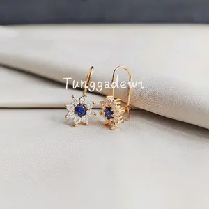 Anting Desi Titanium Permata Biru Safir Anti Gatal Anti Iritasi dan Anti Luntur