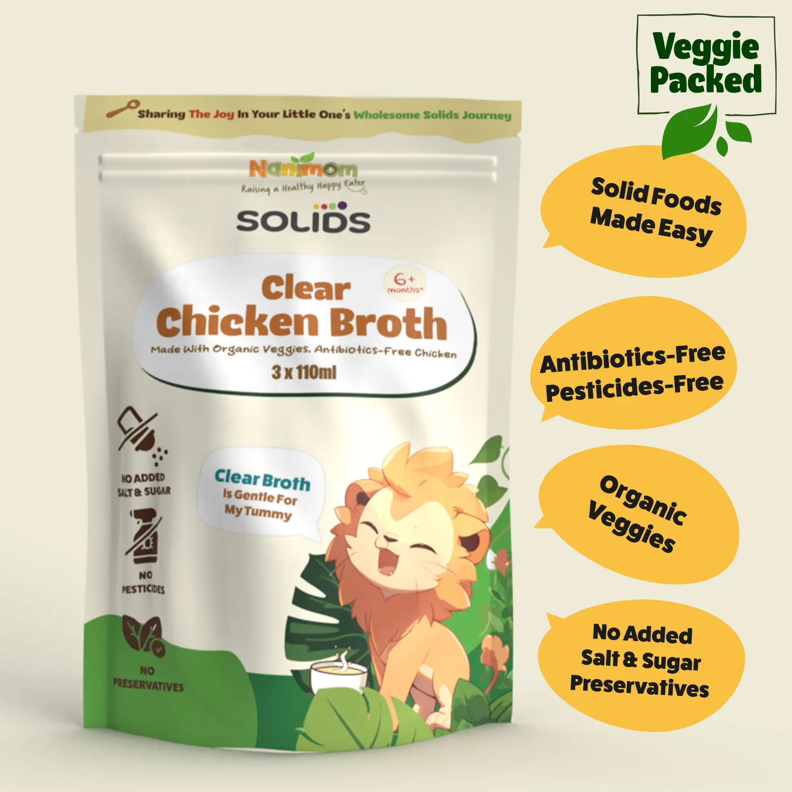 Nanimom Baby Clear Chicken Veggie Broth - Halal Chicken, Carrot, Onion and Celery for 6+ Months Babies in 110ml x 3 Pack