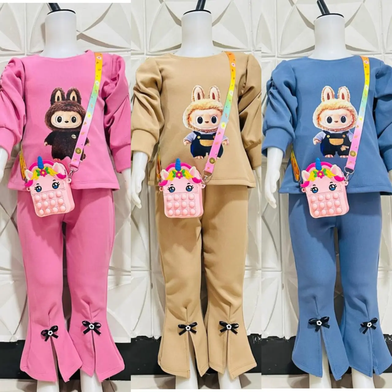 PAKET BUNDLE 3PCS setelan anak perempuan Labubu hit kekinian viral tik tok usia 1-8 tahun Polos Lengan pendek Bayi Katun