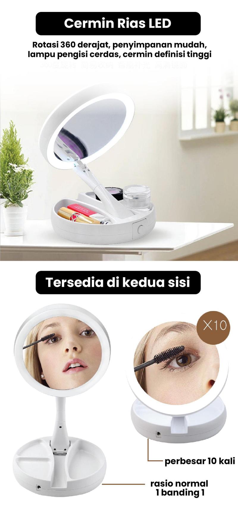 Product Introduction of Cermin Bulat Lipat Kaca Rias LED 2 Sisi Ganda Putar USB Cas 6