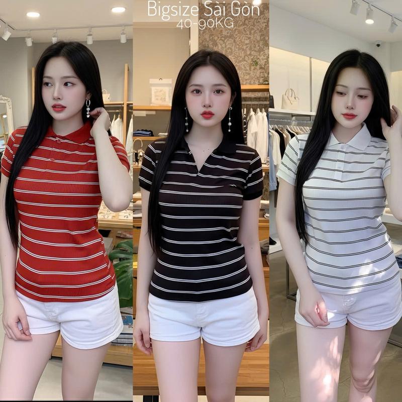  Áo Thun Nữ Cổ Polo Phối Sọc Vải Thun Gân Tăm 45-95Kg Có Bigsize Dễ Thương Top Women - B.1604 