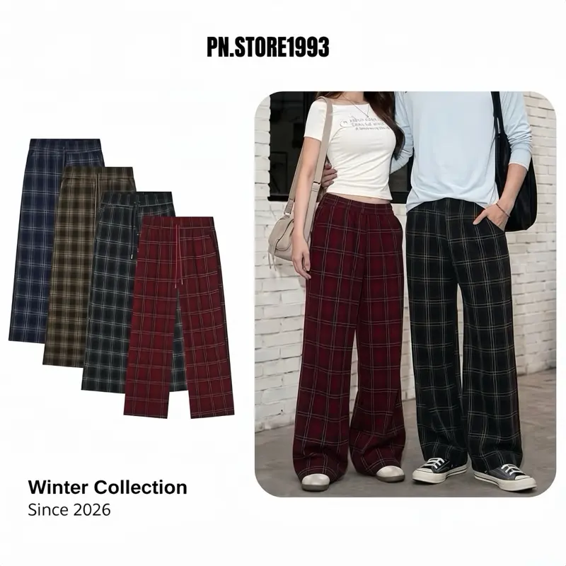 PN.STORE 1993 Quần Kẻ Caro Ống Rộng Vải Dạ Nhung Dày Dặn Oversize Unisex QC01 Mềm Mịn Thoải Mái Giữ Ấm Phong Cách Thời Trang
