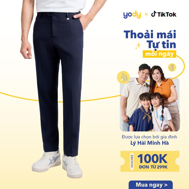 YODY Quần Âu Nam Polyester Nano Pus Cạp Di Động Có Điều Chỉnh Kẻ Sọc QAM7015
