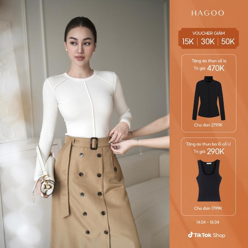 HAGOO Áo thun cổ tròn phối gân nổi ôm body hai màu đen đỏ thanh lịch [A479]  Nữ Top Women Umi