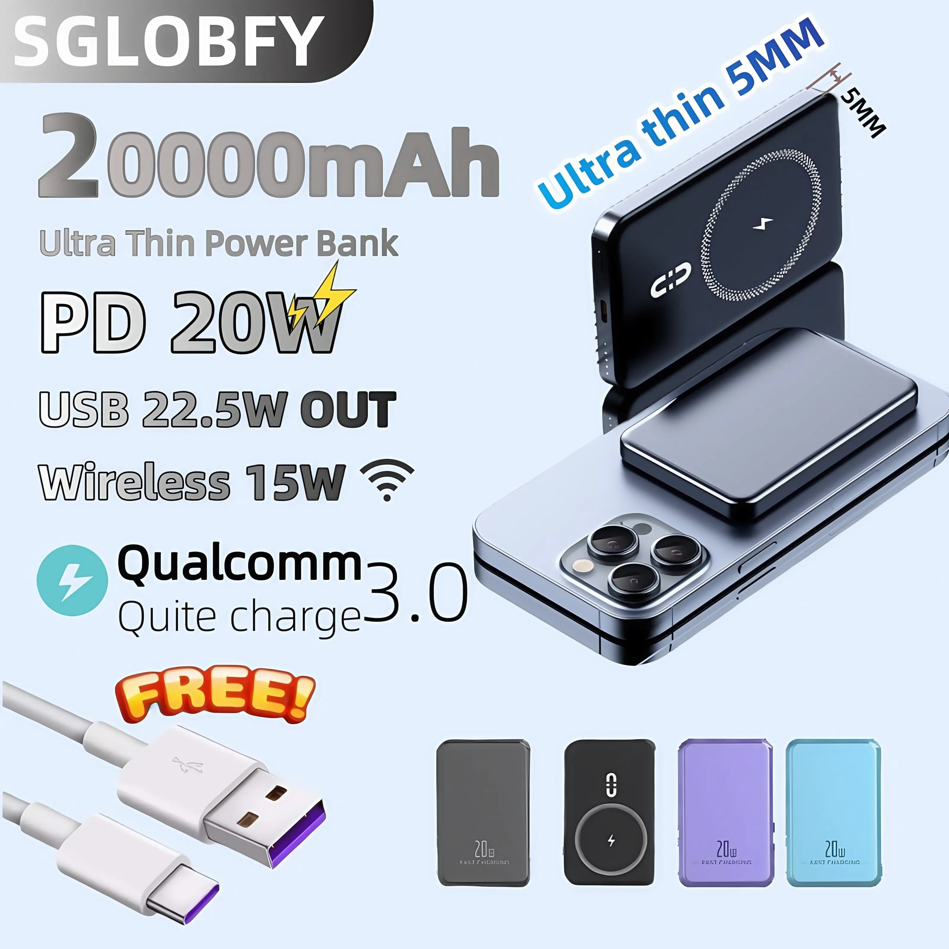 SGLOBFY Power Bank 20000mAh Mini Magnetic Wireless Fast Charge with Auto-wake For iPhone PowerBank