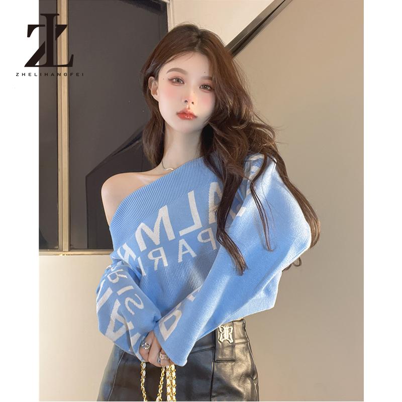  Áo Dệt Kim Tay Dài Trễ Vai Lưng Cao Dáng Rộng Thời Trang Quyến Rũ Cho Nữ 