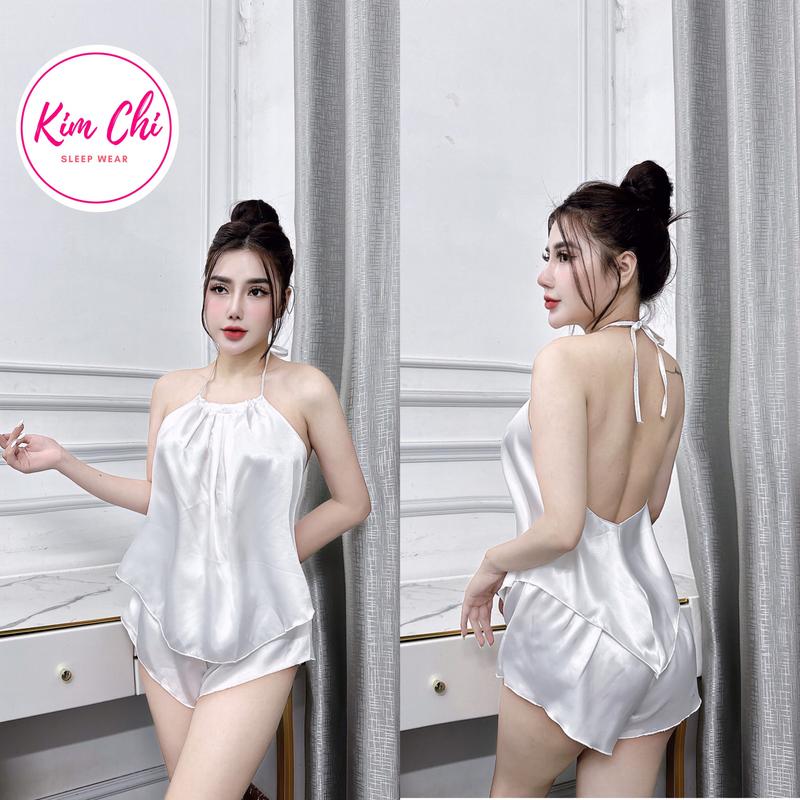 Đồ ngủ sexy bộ ngủ, sét yếm phi lụa trơn, cổ xếp ly từ 40-65 kg, chất vải mềm mịn mát, đa dạng màu sắc, Nữ Loang Women Ong Áo Hồng