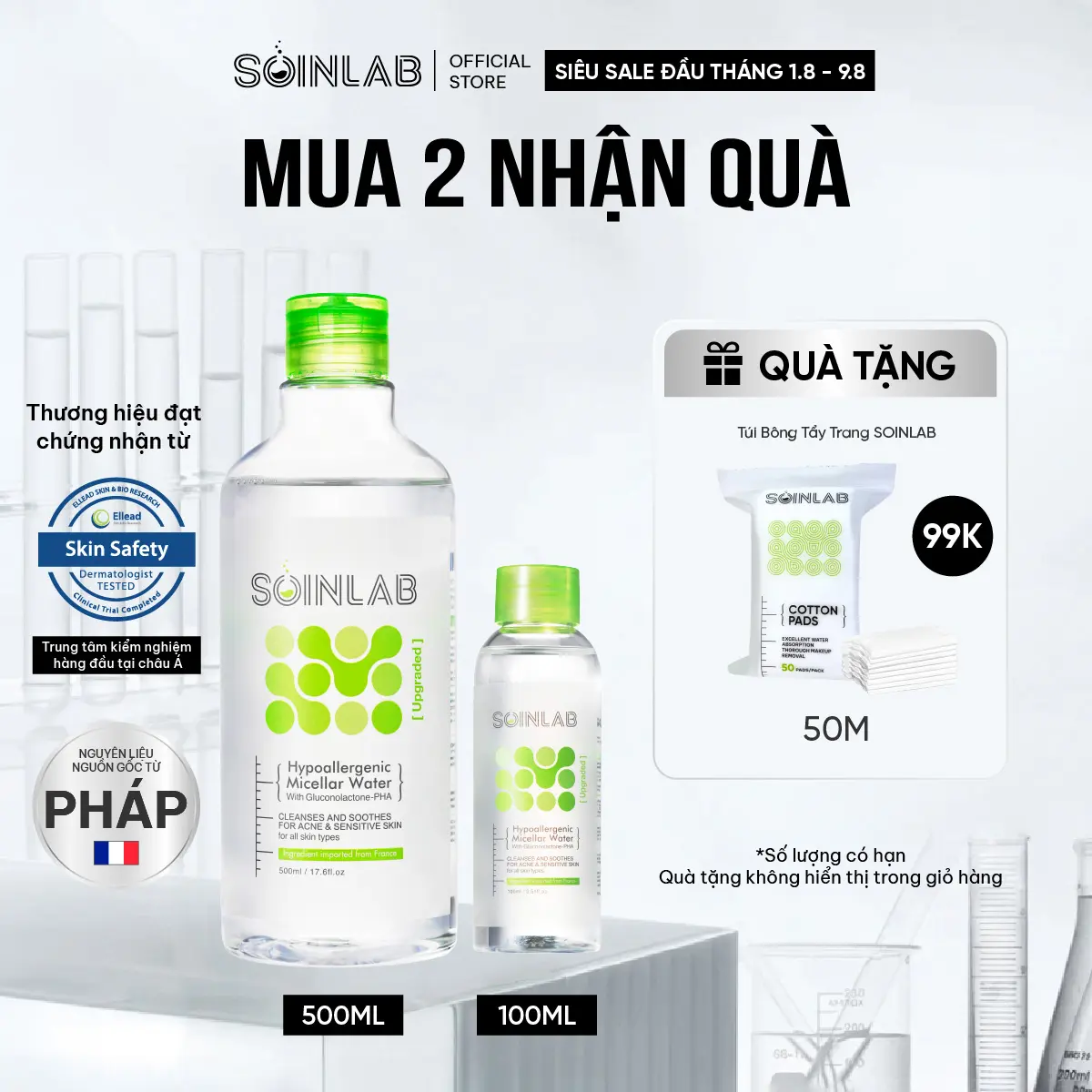 MUA 2 CÓ QUÀ| Nước tẩy trang SOINLAB 500ml làm sạch dịu da Hypoallergenic Micellar Water With Gluconolactone PHA SOIN01
