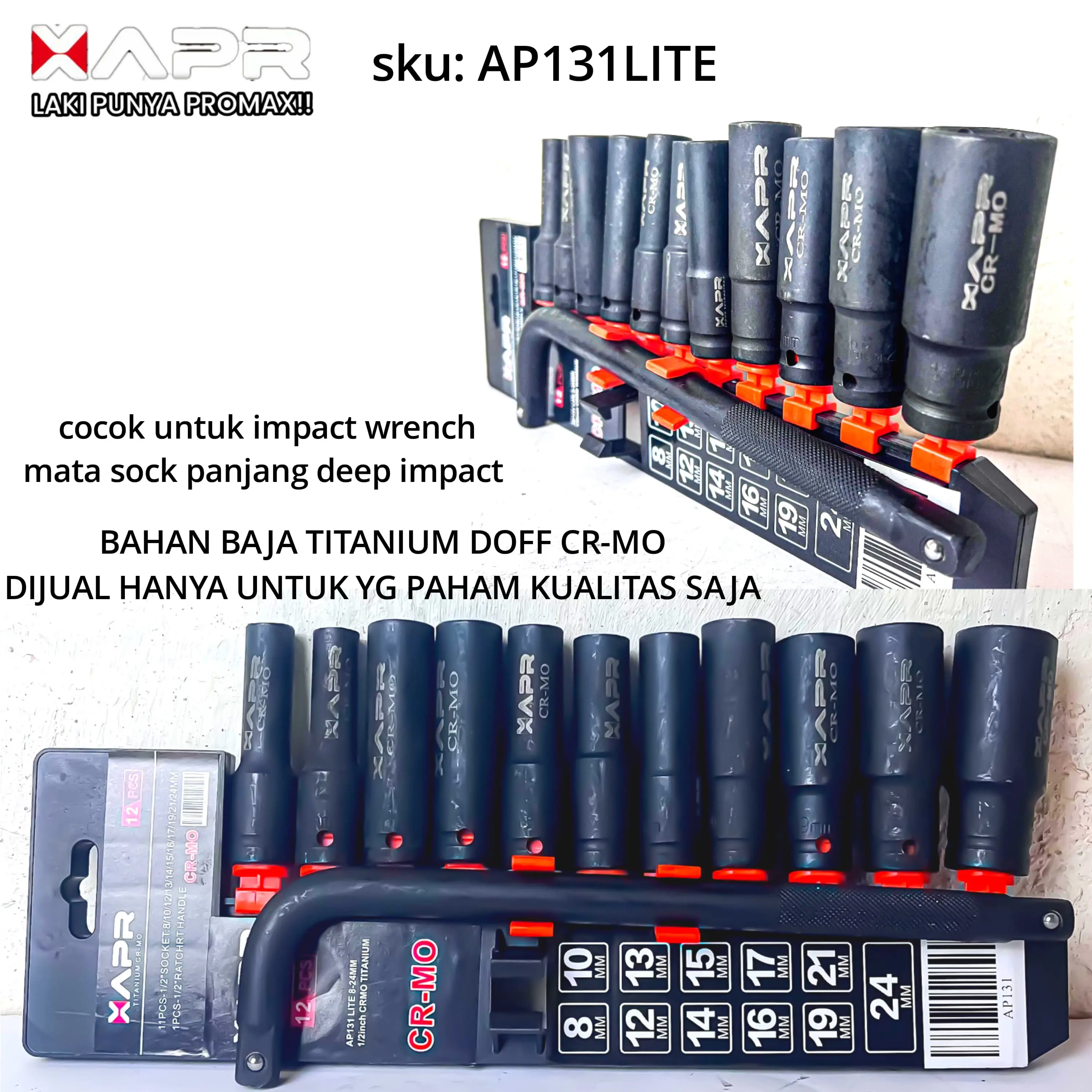 KUNCI SOCK 1/2INCH MATA SOK 8MM SAMPAI 24MM AP131 LITE APR CR-MO XAPR SOKET SET