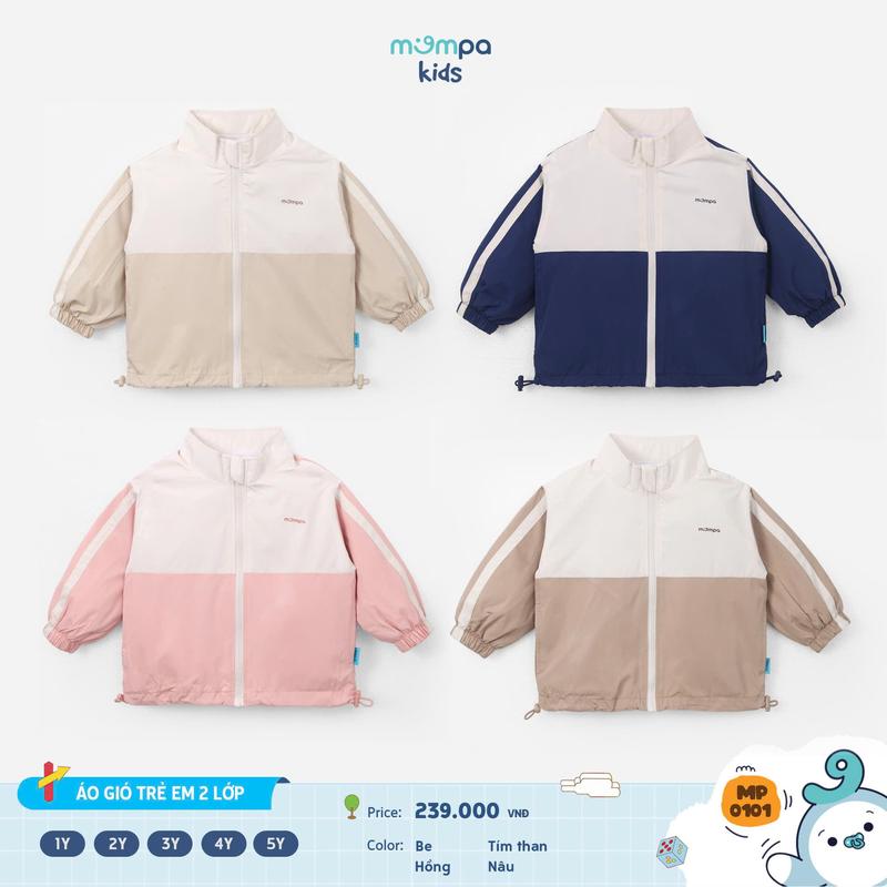 Áo khoác gió cho bé Mompa 1 đến 5 tuổi vải gió 2 lớp chống bụi bẩn kháng khuẩn vải lót lưới MP 0101 M25TD