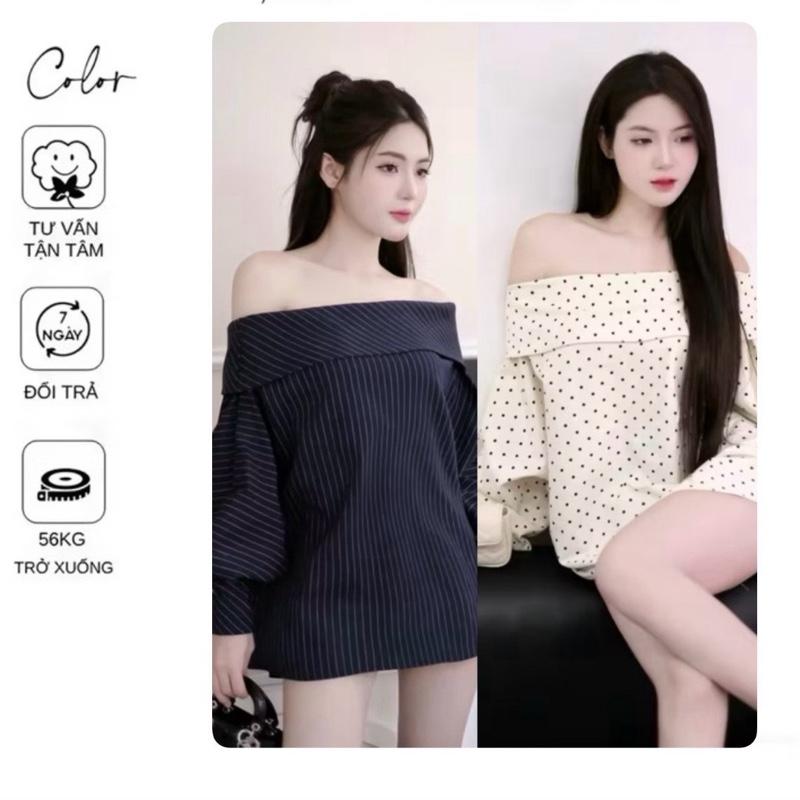 ( có bigsize ) Áo kẻ SỌC XANH THAN, CHẤM BI trễ vai tay bồng by Tường Vy Shop