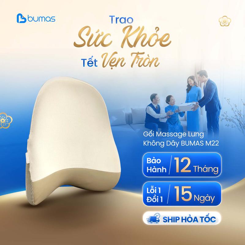   Set Quà Tết  Gối Massage Lưng Không Dây BUMAS M22 – Đệm Lưng Ô Tô Gối Massage Lưng Cao Su Non Thiết Kế Công Thái Học Đa Năng Bảo Hành 12 Tháng 