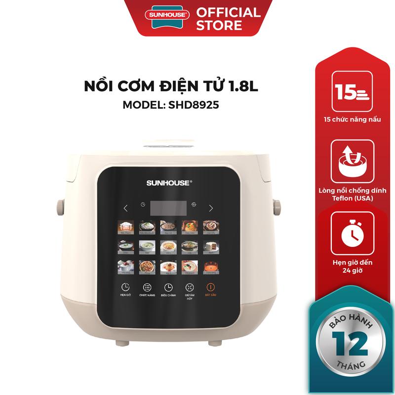 Nồi cơm điện tử 1.8L Sunhouse SHD8925 - 15 chức năng nấu tiện lợi - Lòng nồi chống dính Teflon - Hẹn giờ tới 24 giờ