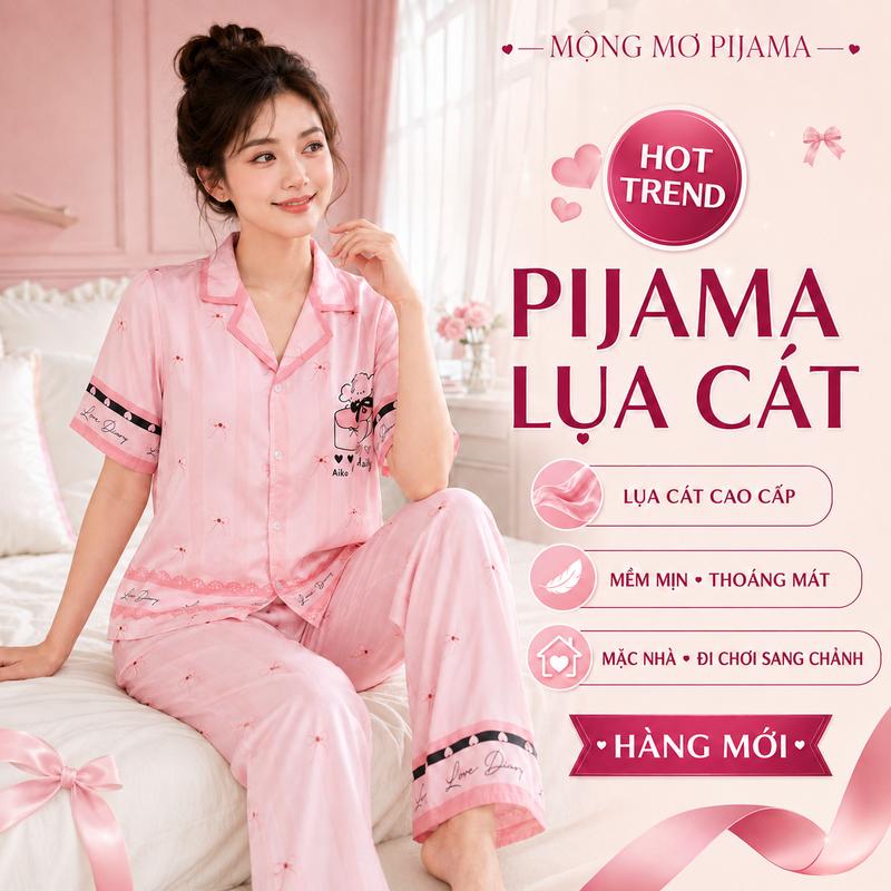 Set Đồ Bộ Pijama Lụa Cát Mịn In Họa Tiết Cute Dễ Thương Mặc Nhà Đi Chơi Đều Sang Chảnh