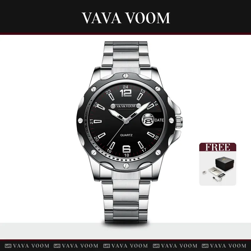 VAVAVOOM 2411 Jam Tangan Pria Olahraga Kuarsa Otomatis Date Tali Stainless Steel Watches Kaca