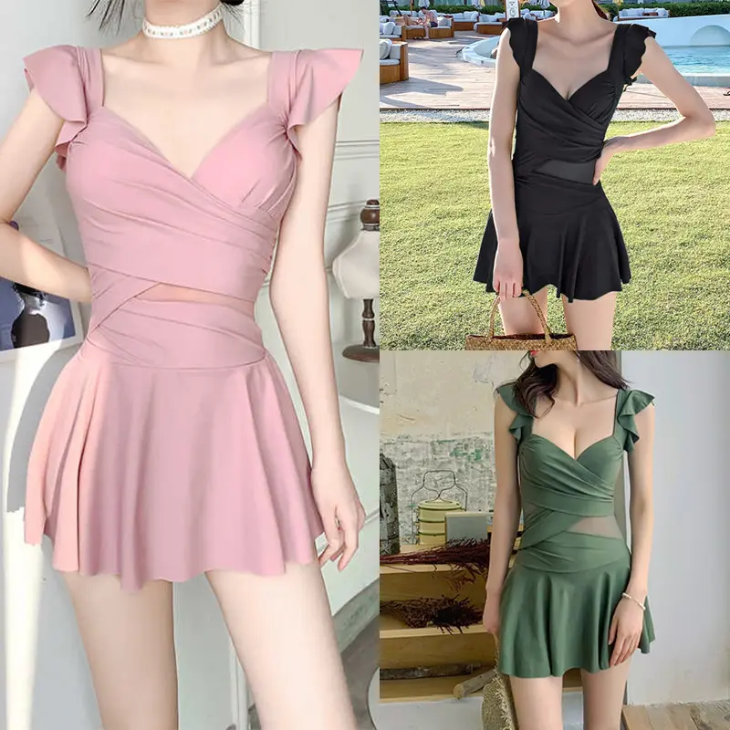 Áo tắm một mảnh cho phụ nữ, chất liệu lụa sữa, màu Trơn, áo tắm ngắn tay, kiểu váy Bó Sát, áo tắm một mảnh, dành cho phụ nữ