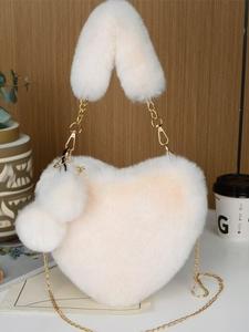 Bolsa cruzada de peluche esponjoso con diseño de corazón para mujer, decorada con pompones, bolsa novedosa con cadena para uso diario