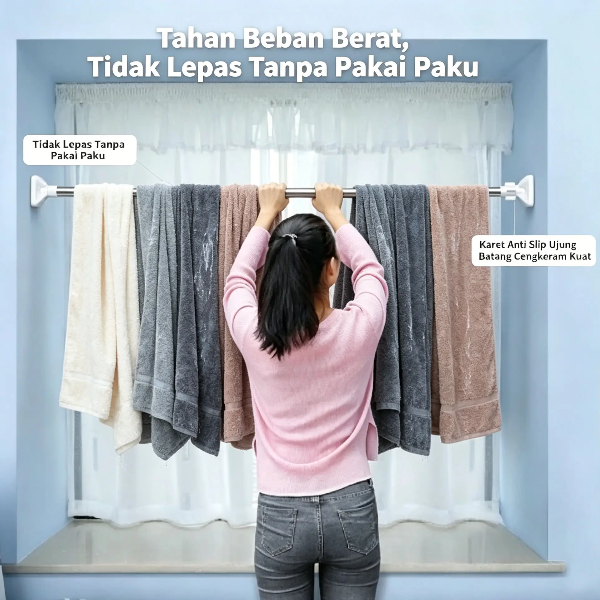 Drill-Free Multi-Purpose Telescopic Tension Curtain Rod, Rust Resistant Thick Stainless Steel Pipe with Anti-Slip Rubber End Caps for Windows, Bathroom Shower Curtain, Wardrobe Clothes Hanging & Towel Drying