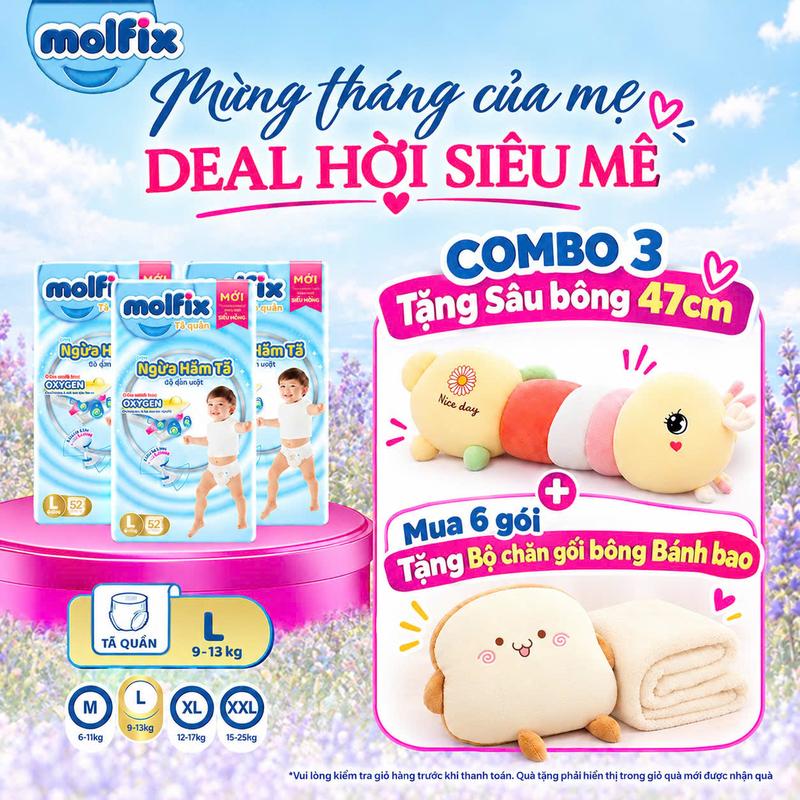 [CB3_Mua 6 gói_Tặng chăn gối bánh bao] Combo 3 Tã/bỉm quần Molfix Oxy Super Jumbo giúp Ngừa Hăm Tã đủ các size M,L,XL,XXL, XXXL