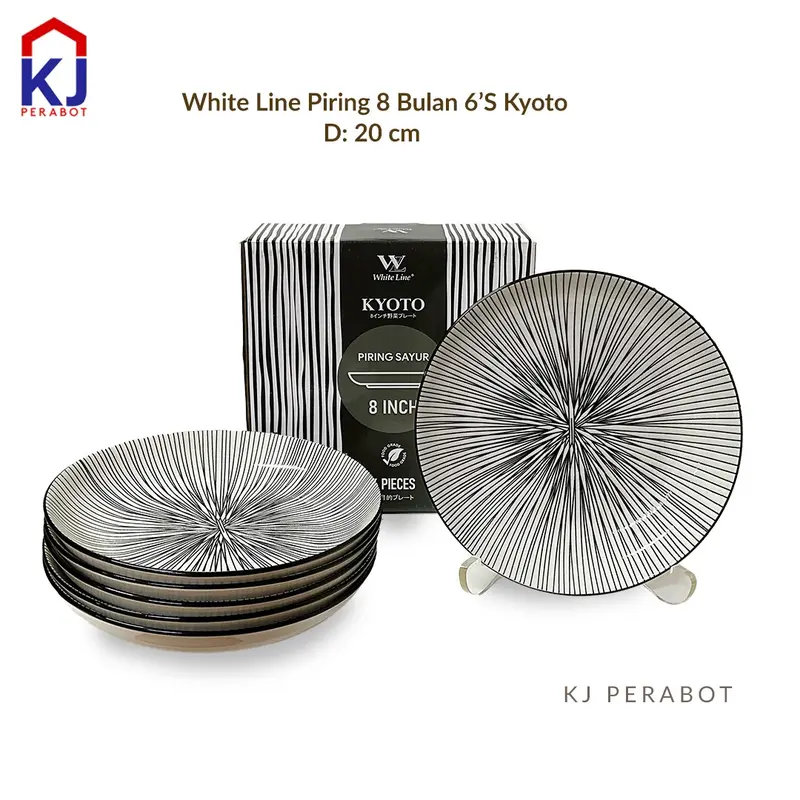 KJ Perabot - White Line Piring 8 inci Bulan 6`S Set Simple Kitchenware 4