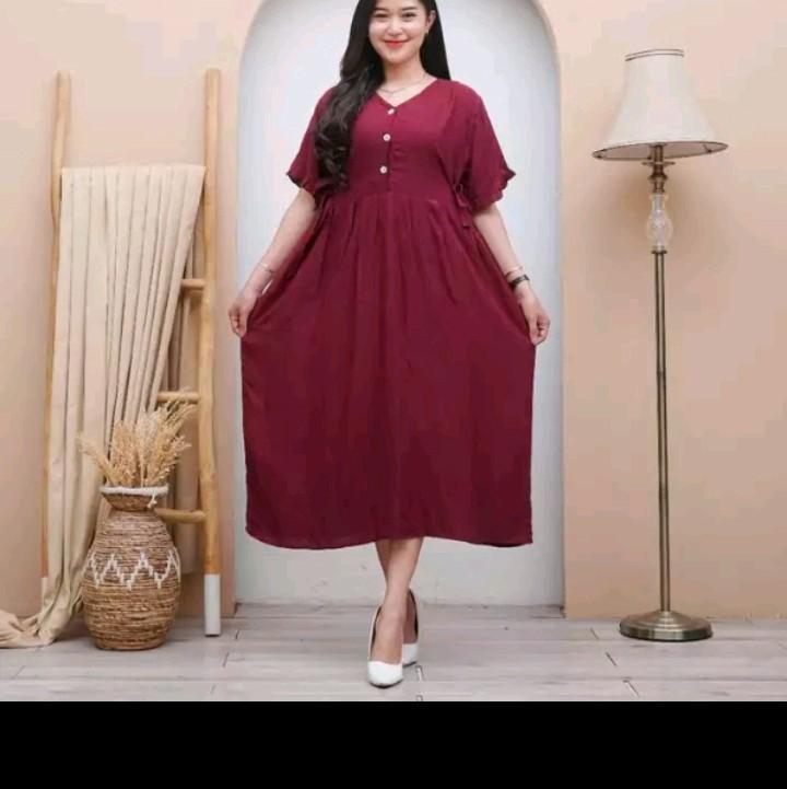 Daster Rayon Polos Chibi Busui Frenly Nyaman Dress adem rayon premium Kancing Karet Pendek Simple gaun tidur Panjang Midi Katun Samping Basic Kain Merah Kimono Pantai 0