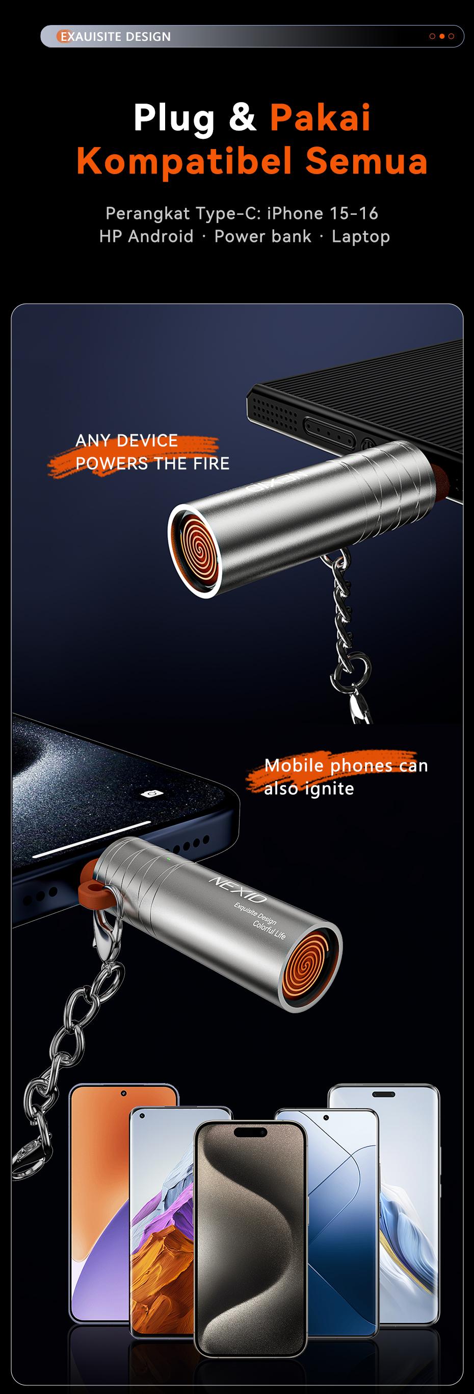 NEXID Api Badai Tiup Korek Api Lighter Keren untuk memanaskan Type-c Cigarette Lighter Mini WindproofPlug and Play Energy saving and Safe Car and HomePortable Lighter(Tidak cocok untuk Samsung)