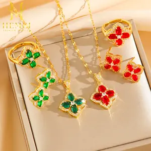 HEMEI S01 Paket 3 Pcs Kalung Cincin Anting Titanium Set Batu Giok Hijau