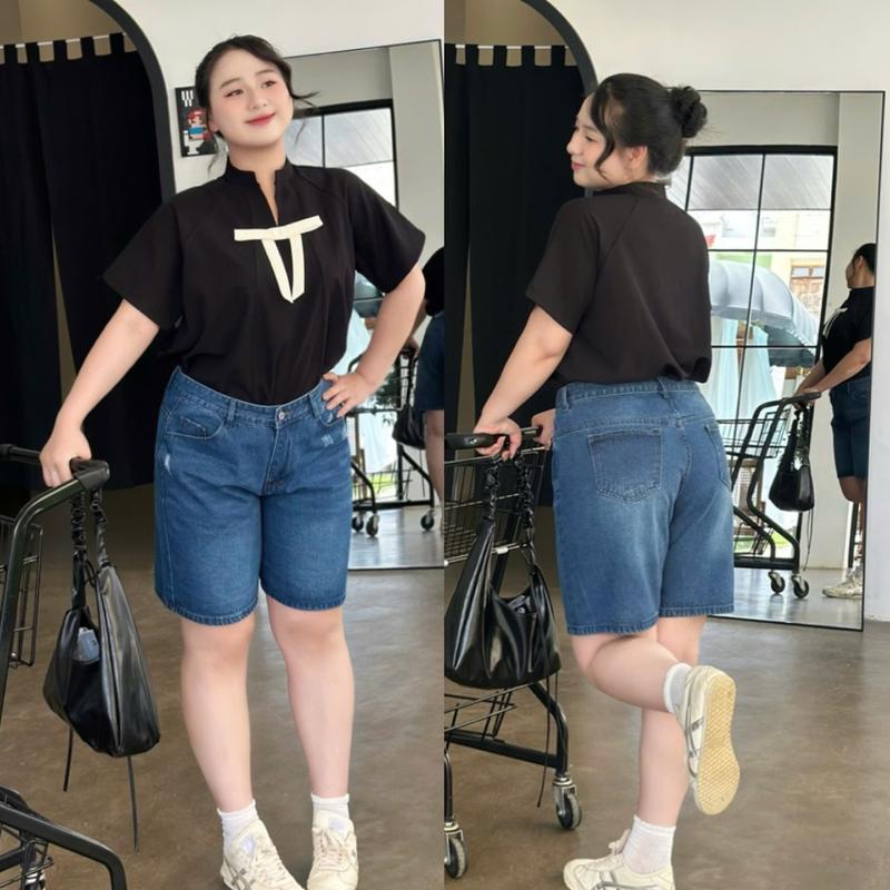  Moli Jeans - Quần Jeans Short Ngố Nữ Phom Ống Rộng Dáng Lửng Lưng Cao Thời Trang Bigsize 55-90kg 0141 Pants Denim Women Ong quần  short dài quần  short ngắn đến đùi đầu gối 