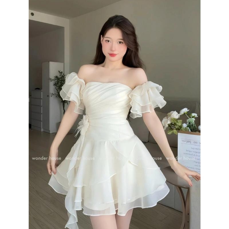 Đầm dự tiệc trễ vai nơ hoa eo tùng xòe cực xinh váy xòe công chúa form chuẩn tôn dáng Midi dress