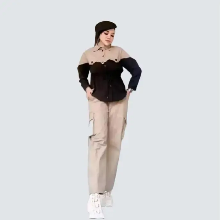 Setelan Celana Cargo Serut Kombinasi Wanita Terbaru One Set Cargo Dewasa Kekinian dengan 4 Kantong Aktif dan Variasi Kancing - Baju Panjang Katun 0