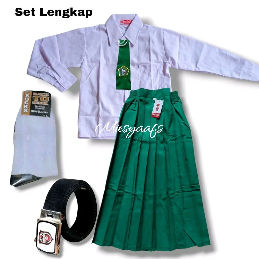 Setelan Seragam Sekolah SD/Mi Hijau Putih Anak Perempuan Baju Putih Polos Lengan Panjang Dan Rok Hijau Panjang Dari Kelas 1-6