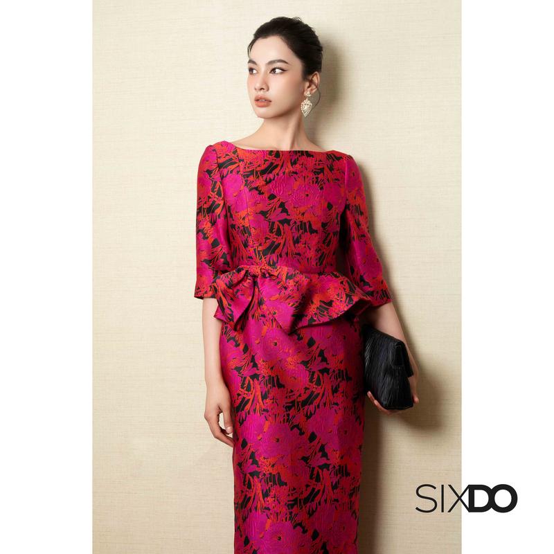  Đầm gấm cổ thuyền tay lỡ họa tiết SIXDO 