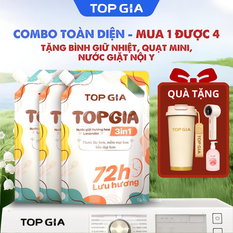 [COMBO TOÀN DIỆN - MUA 1 ĐƯỢC 4] 6L nước giặt topgia hương nước hoa lavender 3in1 lưu hương 72h cho mẹ và bé, da nhạy cảm, sạch khuẩn, khử mùi, thơm lâu tặng bình giữ nhiệt, quạt cầm tay mini và chai nước giặt nội y 200ml nxl