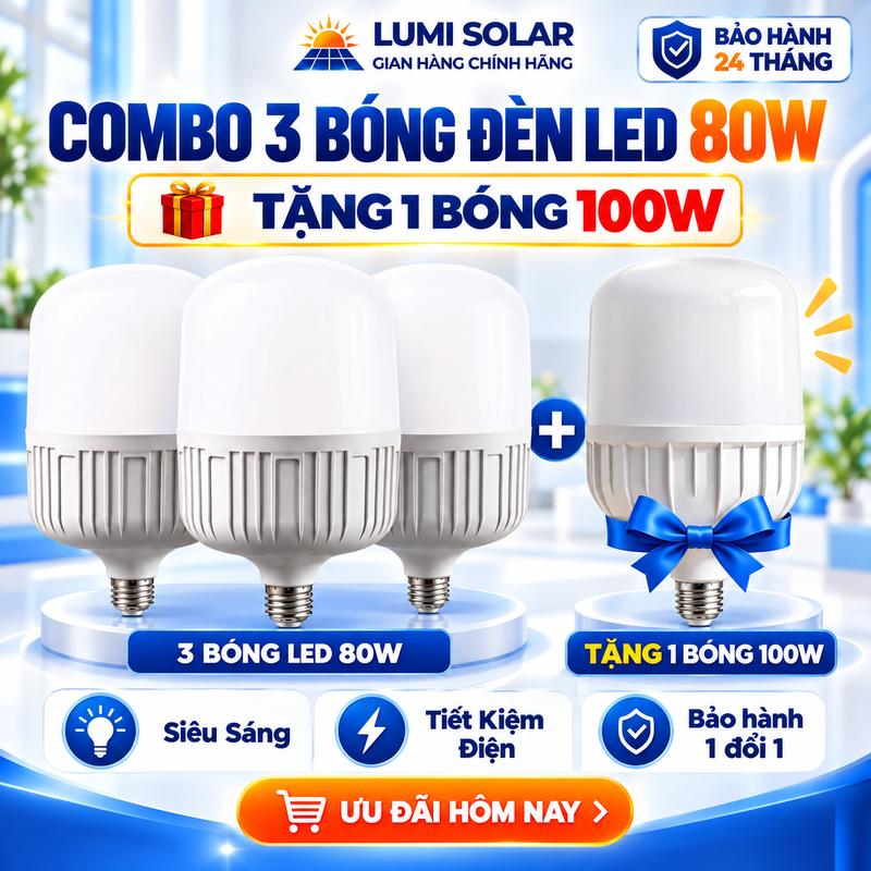 Combo 3 Bóng Đèn LED 80W Siêu Sáng, Tiết Kiệm Điện, Ánh Sáng Trắng, Tuổi thọ 30.000 Giờ