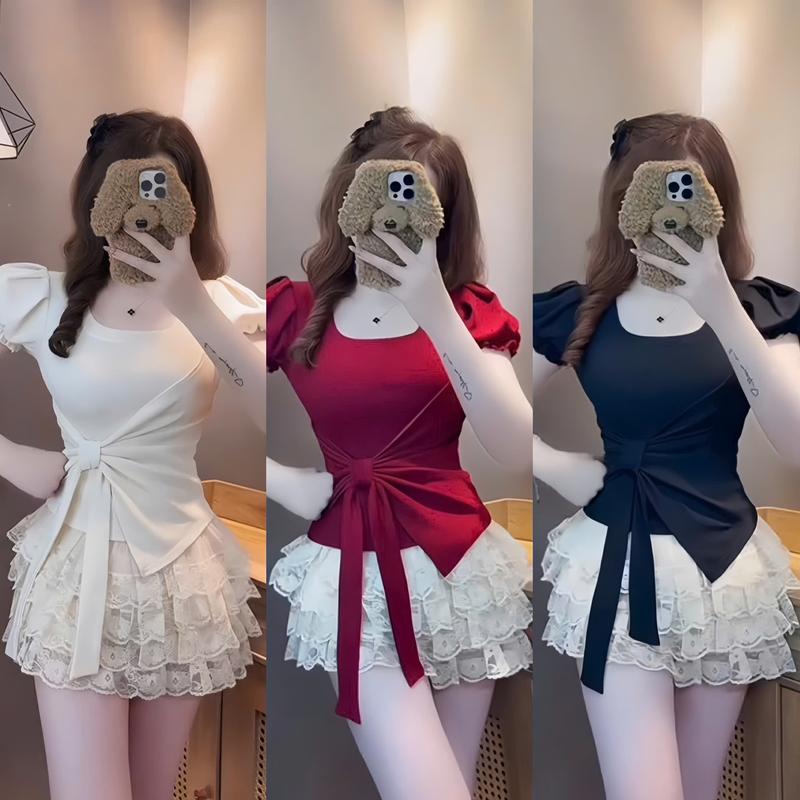 Set đồ nữ áo tay phồng cổ vuông cột nơ phối chân váy ren tầng sang chảnh, xinh xắn, dễ thương phù hợp cho các nàng diện đi tiệc đi chơi