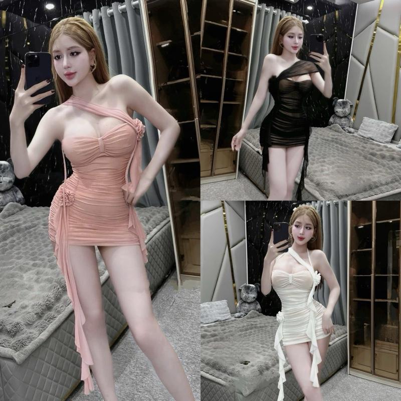 Đầm body lưới trễ vai đính hoa phối vạt bèo Váy đầm nữ ôm body quyến rũ xinh xắn đi chơi đi tiệc xoè voan