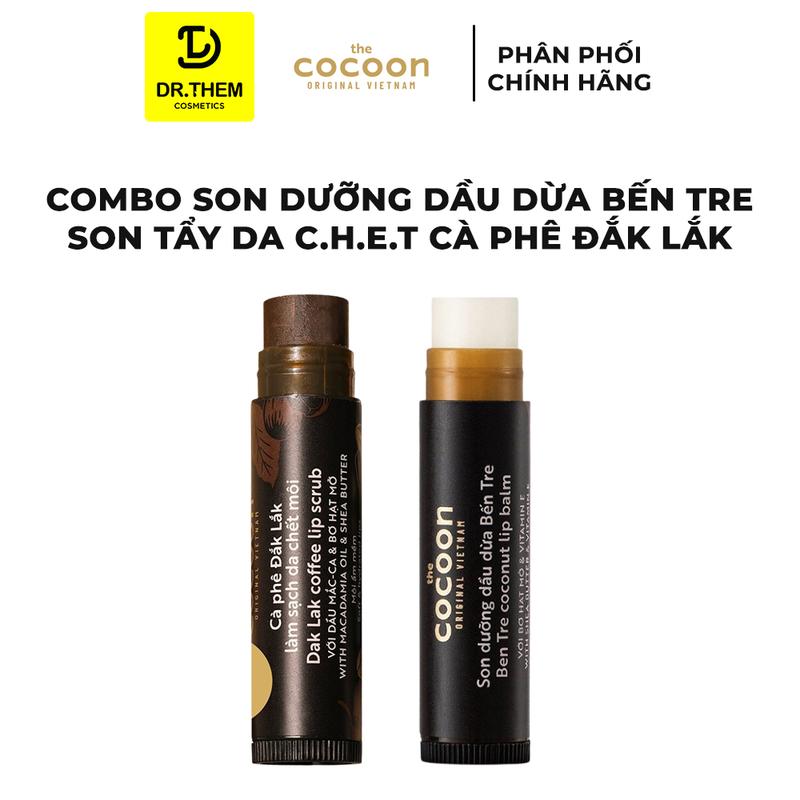  Combo Son Dưỡng Môi Dầu Dừa Bến Tre 5g Cocoon + Son Tẩy Da Chết Môi Cà phê Đắk Lắk 5g Cocoon 