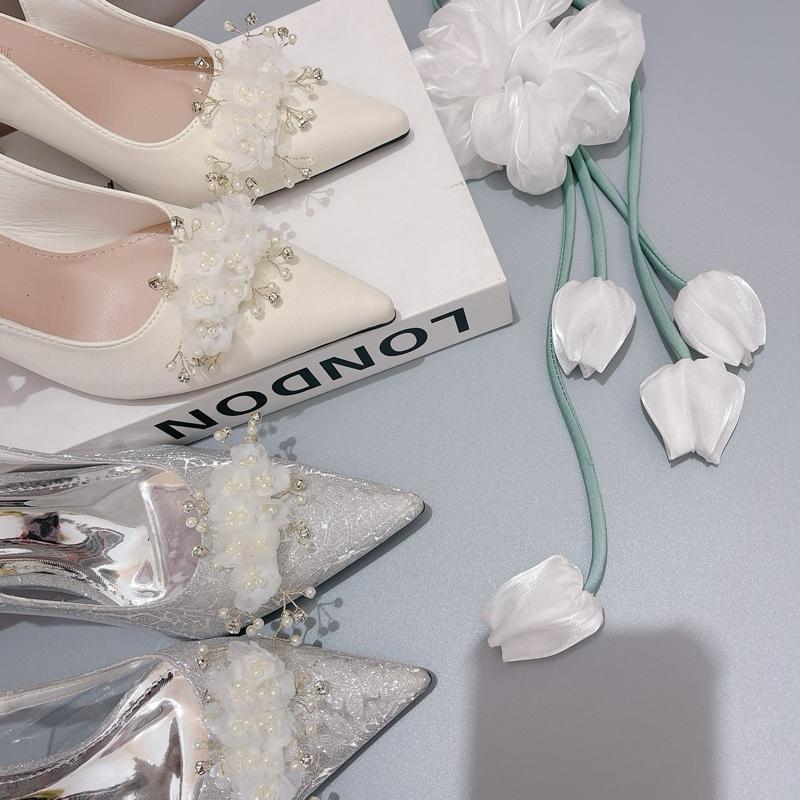 Giày cao gót đi tiệc bling bling cham hoa CÔ DÂU BABY chất da kim tuyến,kem nhung