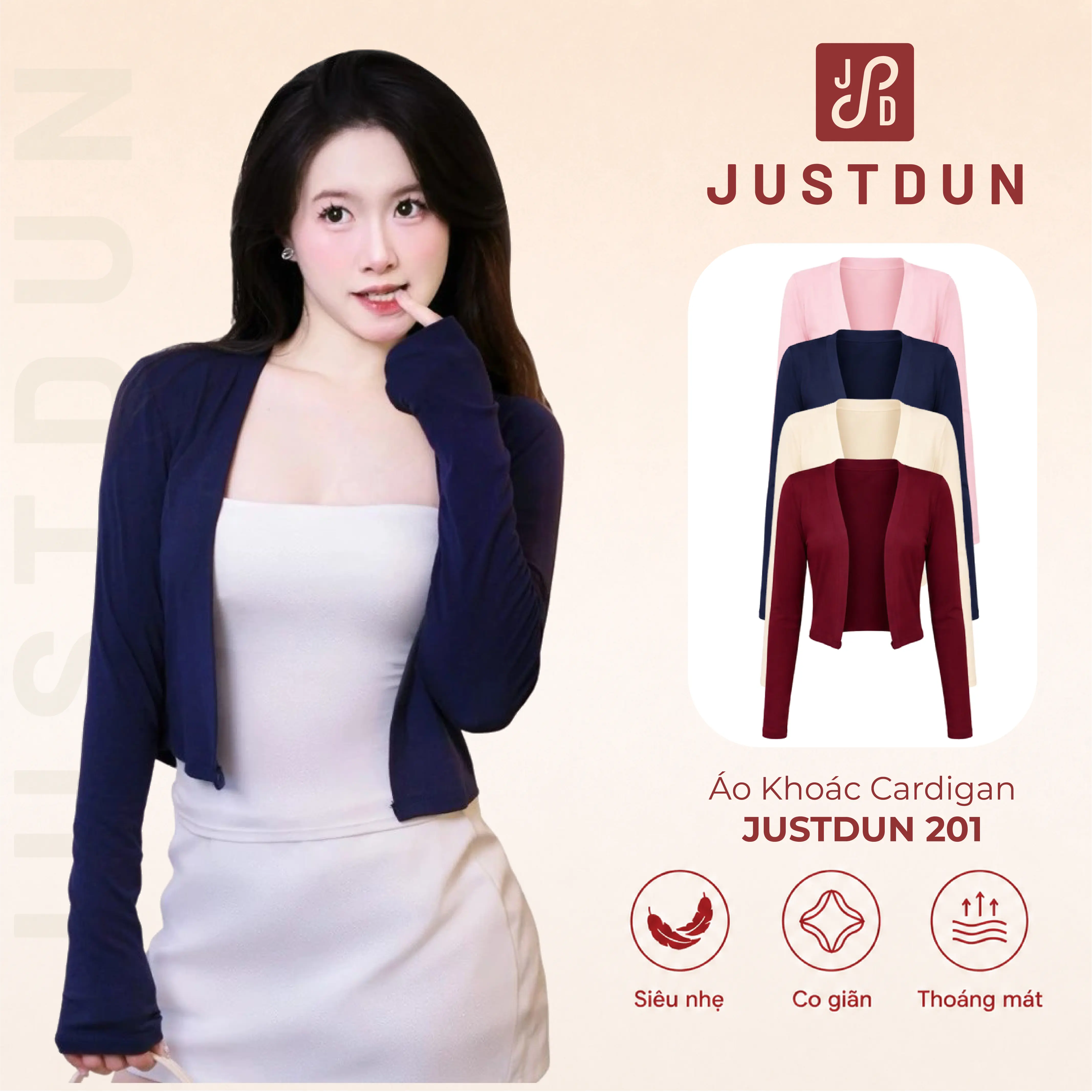 JUSTDUN Áo Khoác Cardigan 201 Nữ - Dáng Vừa, Vải Cotton Mịn, Mềm Mại, Thoáng Mát, Co Giãn Êm Ái