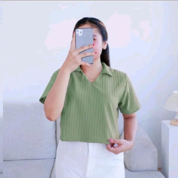 Kaos Atasan Wanita Lengang Pendek Crop Top Polo Rib Knit Hornet Premium Terlaris 1