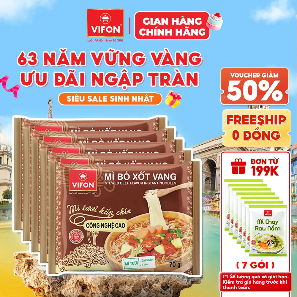 [VOUCHER HOT 10%] Set 5/ Set 10 gói Mì Tươi Bò Xốt Vang/ Thịt Bằm / Tôm Chua Cay VIFON 70gr/Gói