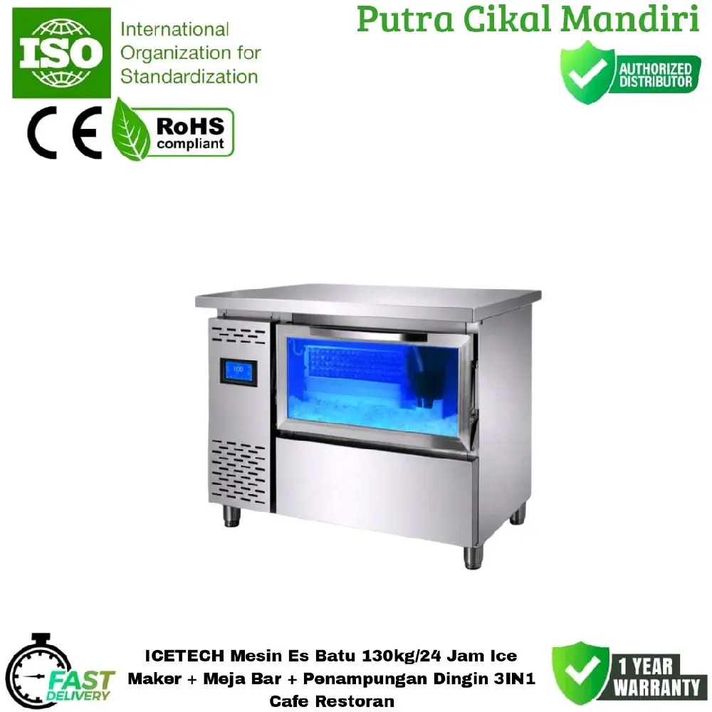 ICETECH Mesin Es Batu 130kg/24 Jam Ice Maker + Meja Bar + Penampungan Dingin 3IN1 Cafe Restoran
