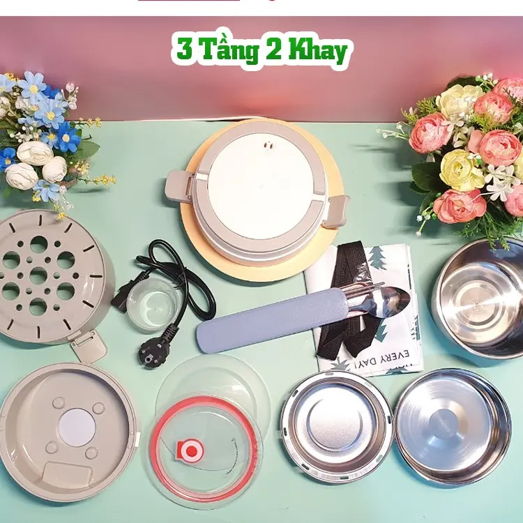 Hộp Cơm cắm điện CAO CẤP Hâm và Nấu cơm Inox 3 Tầng, Hộp cơm cắm điện Làm Nóng Siêu Tốc model HC1 Tặng Full đồ 8