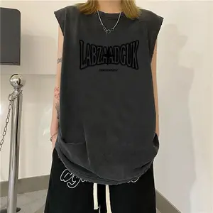 Rompi retro trendi dengan motif tulisan, potongan longgar, serbaguna, atasan pasangan, rompi tanpa lengan suede unisex.