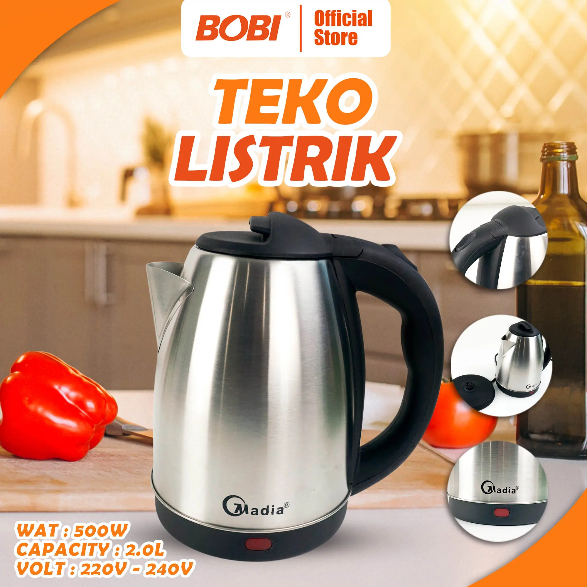 Teko Listrik Kettle Pemanas Air Panas Stainless 2 Liter Electric Elektrik Termos kabel wadah